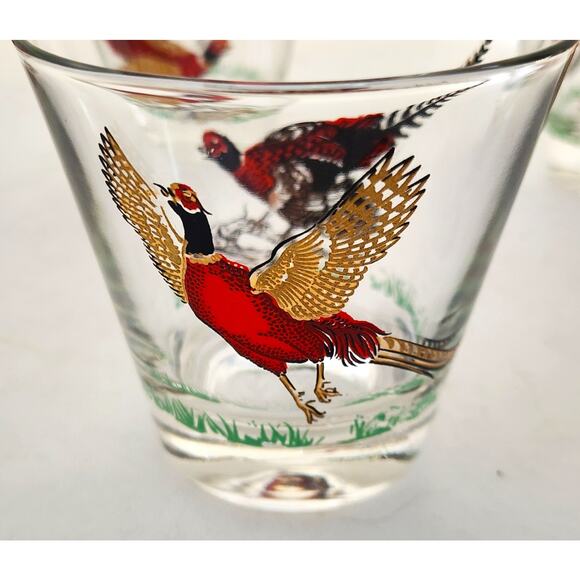 GLASSES/OLD FASHION/Vintage Pheasant-MCM-Hunting Barware-Red Gold-Set of 4 - Picture 7 of 14